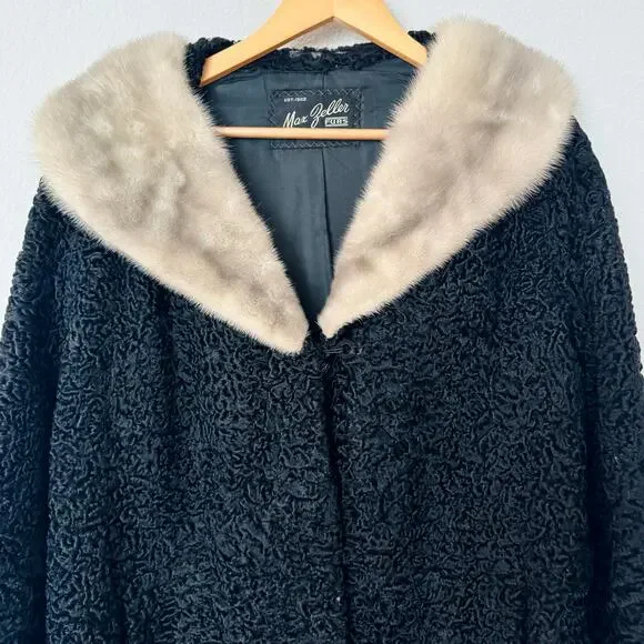 Vintage black curly Persian lamb fur coat genuine fur collar Max Zeller L-XL - Picture 3 of 10